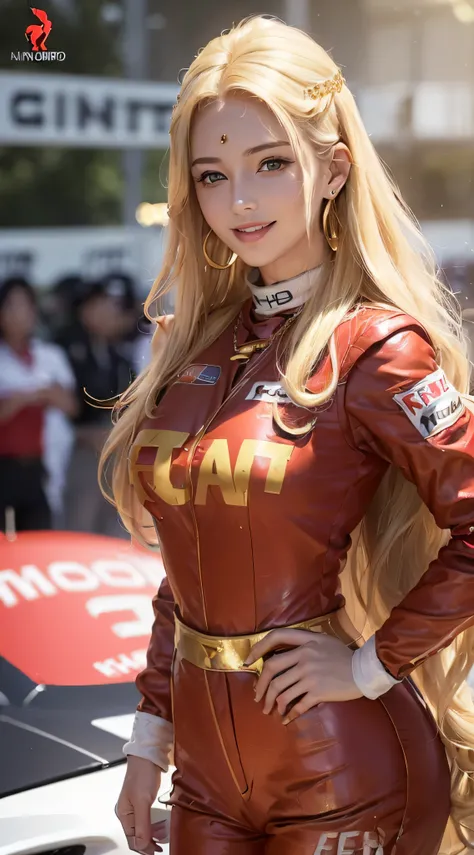 European and American women, Fashion Model, Glamour, Paparazzi took pictures of her, blonde hair, brown eyes, 8K, high quality, masterpiece, 最high quality, HD, very detailed、voluminous lighting, photorealistic,((Race Queen、Red costume、Sponsor logo on the c...