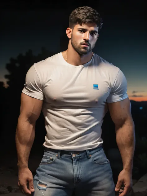 Full shot, full body portrait, Gorgeous American Man, Aged25, hairy body, Sexy alpha male, Large biceps, ripped abs, blue jeans, white tee shirt, sneakers, handsome, 4k, high detailed, beautiful, 8 k lighting, night sky, red sunset 4k extremely photorealis...