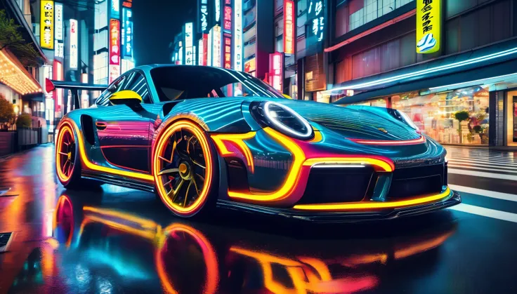 Porsche in Tokyo, neon paint, electromagnets as wheels, wheels of lightning, add detail, night photo, reflections, 4k, uhd, hdr