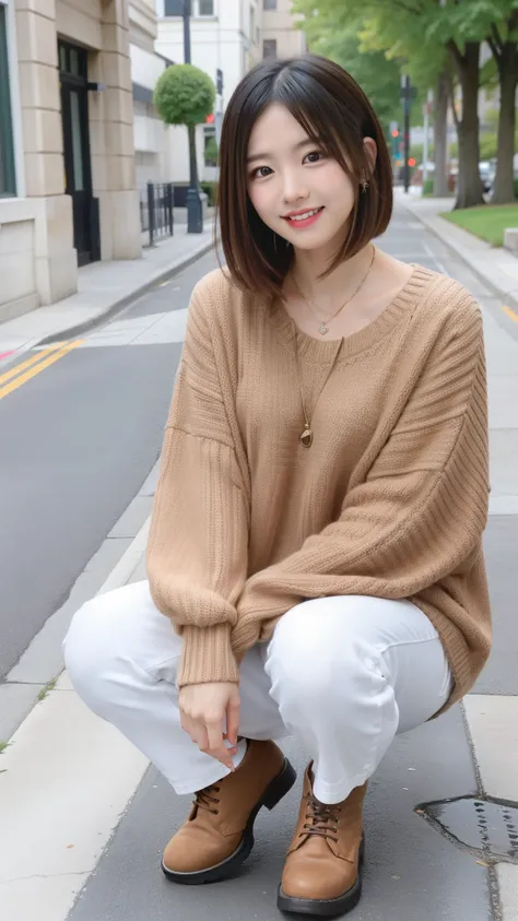 Photo taken by a professional photographer，laughter:1.5，Close-up of a woman squatting on the sidewalk, wearing a sweater, short cut brown hair, hair is messy，young and cute girl, Wearing a super super super super mini skirt:1.5，Wear stylish boots，sit on a ...