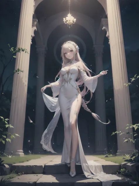 Artistic AI Art Galaxy、one girl、dynamic pose、"A Noblewomans Whimsical Adventure" Imagine a beautiful, elegant noblewoman, dressed in a stunning gown with intricate lace and beadwork, standing in front of a glowing, ethereal portal. She looks curious and ad...