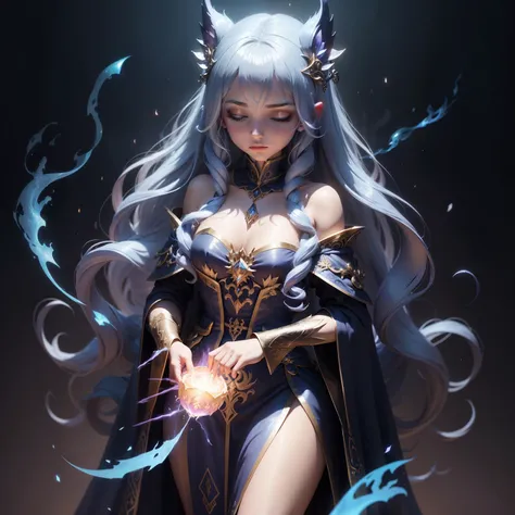 Miniature Character: A tiny figurine of a sorceress woman with an enchanting aura, her robes adorned with shimmering gemstones and intricate patterns. She holds a wand taller than herself, its tip aflame with an ethereal blue fire. Her long, wavy hair casc...