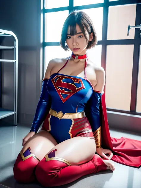 masterpiece、supergirl costume、short hair、barefoot、big and full breasts、human experiment subjects、research room、operating table、c...