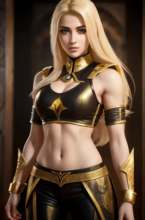 Ultra realistic, Cinematic, portrait of Arabic beautiful 22 years old woman, blonde hair, body, full body,pale skin, beautiful face, perfect hands, mortal Kombat, Kombat, fighting arena, cosplay, detailed face, hip is cocked and wide, action pose, mortal K...