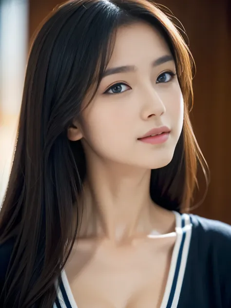 (((32ｋ,high details,high detail、masterpiece,attention to detail,Full body Esbian,alone))),RAW photo & realistic atmosphere,beautiful dark blue eyes,detailed mouth,glossy lips,thin eyebrows,fine eyes、Soft white skin that shines in every detail、her deep blue...