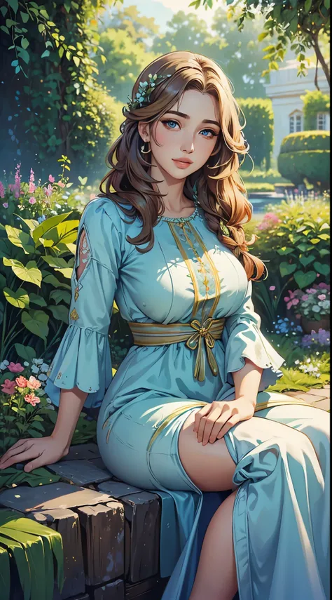 beautiful detailed eyes,detailed lips,girl in a garden,soft lighting, oil painting style,vibrant colors,peaceful expression, flo...