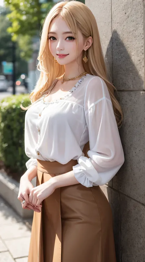 Western women、Fashion Model、blouse、skirt、silk blouse、wearing a shirt and miniskirt、White shirt with frills、Glamour、She was photographed by paparazzi、gold necklace＿Large earrings、super long blonde hair、Hair with loose waves inside、brown eyes、8K、high resolut...