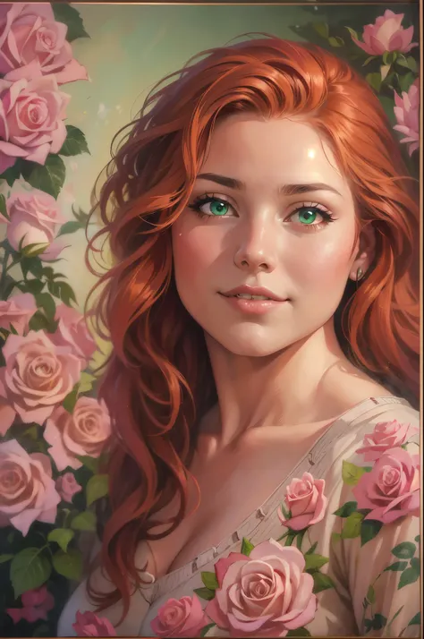 (a young adult woman:redhead:side part hairstyle:bright green eyes:looking straight forward:dimples:pink roses:floral:beautiful:thick body:chubby:oil painting:ultra-detailed, realistic, photorealistic:studio lighting:vivid colors:warm color tones)