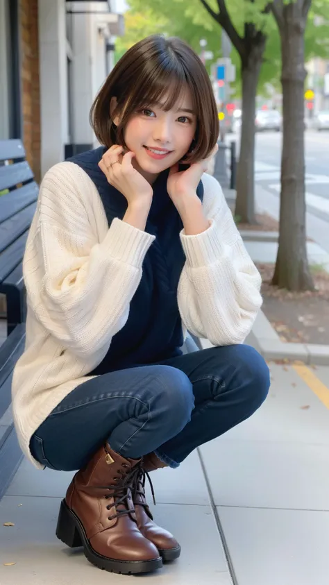 Photo taken by a professional photographer，laughter:1.5，Close-up of a woman squatting on the sidewalk, wearing a sweater, short cut brown hair, hair is messy，young and cute girl, Wearing a super super super super mini skirt:1.5，Wear stylish boots，sit on a ...