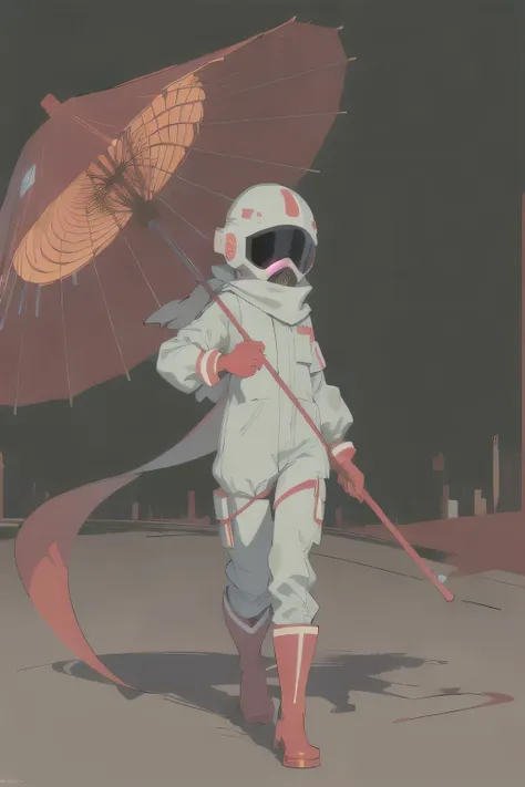 (ultra detailed,ultra high res,detailed background),((2D)),((flat color)),((muted color)),((floating neon)),1solo,looking at viewer, graffiti, white hazmat suit, (big red rain boots), plush scarf, full body image, european umbrella, helmet, big red gloves