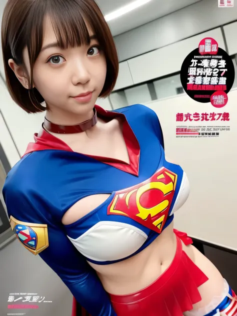 masterpiece、supergirl costume、short hair、big and full breasts、human experiment subjects、Crisis situation、Research room、Experimental facility、Research room、research facility、graduate school、choker、long sleeve、red mini skirt、looking at camera、Weekly magazine...