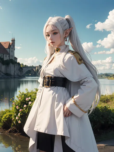 (maximum quality image, masterpiece), detailed landscape,(((white hair))), detailed beautiful green eyes,  tranquil lake (reflecting the vibrant sky at dusk),nuances of colors,quiet, frieren, 1girl, long hair, pointy ears, twintails, jewelry, elf, earrings...