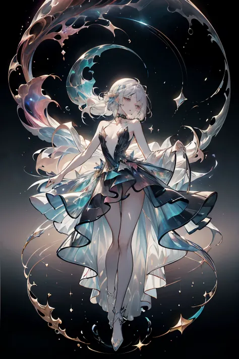 (ethereal, dreamlike), (white hair girl), (dancing in the space), (floating dress), (graceful movementasterpiece, top quality, b...