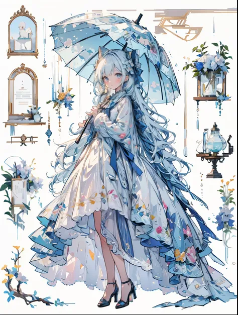 ((best quality high resolution)), a picture of a woman in an aeolian  blue dress holding an umbrella next to a box stuffed cat, ...