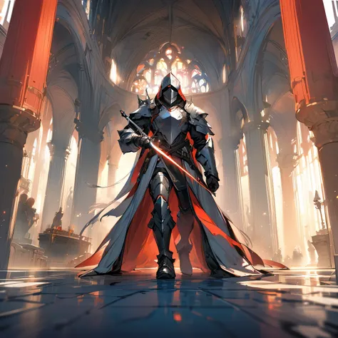 arknight, Doutor,Knight in detailed silver armor with double-edged sword in right hand, volumetric light, oil painting, 16mm, low angle shot around a large medieval hall with columns. arte de Yoji Shinkawa, symmetrical Qireatár iris, approaching perfection...