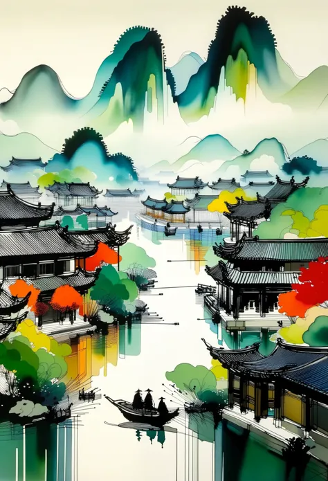 Geometric abstract ink，Describe the Jiangnan landscape architectural complex，Wu Guanzhongs style is an artistic expression that merges traditional Chinese ink techniques with Western painting concepts. It is characterized by modern interpretations of tradi...