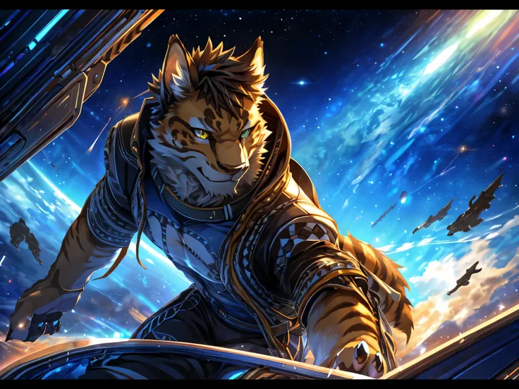 posted on e621, (by Chunie), male, Likulau (Nekojishi) anthro, solo, (Realistic eye details 1.2), anime character, arafed image of a man in a space station with a mask, pov furry art, anthro paw pov art, furry paw pov art, commission for high res, furry ar...