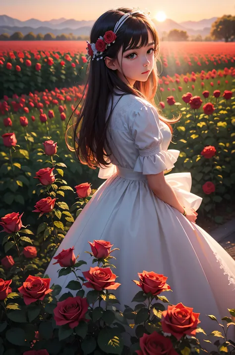 create images of a sunset in a field of roses