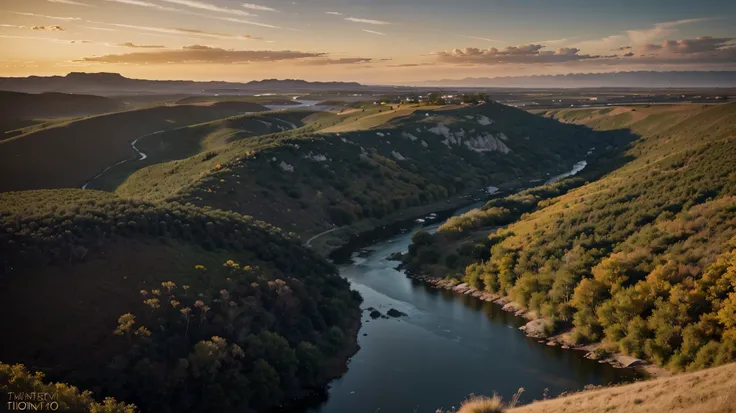 A stunning, high-resolution photograph captured with a Phase One XF 100MP camera and a 300mm lens. The image showcases a dazzling sunset  the horizon, casting a warm golden light over a vast field. The depth of the landscape is accentuated by the presence ...