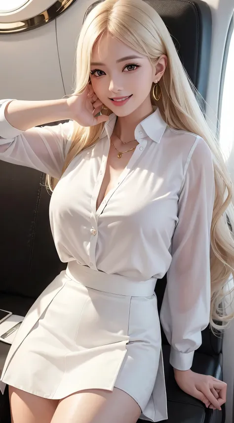 foreign women、Fashion Model、White blouse with collar、white skirt、silk blouse、white shirt&super mini skirt、white shirt with frills、puffy sleeves、Glamour、paparazzi shooting、gold necklace_Large earrings、super long blonde、loose wavy hair、hair above one eye、bro...