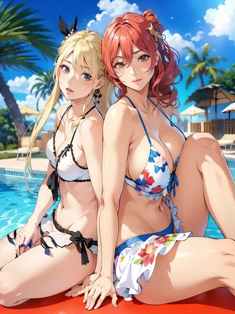 dos mujeres en bikini sentadas en una superficie roja cerca de una piscina, bikini realista, dos hermosas chicas anime, Ayami Kojima y Lyde Caldwell, arte cg anime suave, cuerpo perfecto fotorrealista, nixeu y sakimichan, visual novel cg, pixiv 3dcg, Finos...