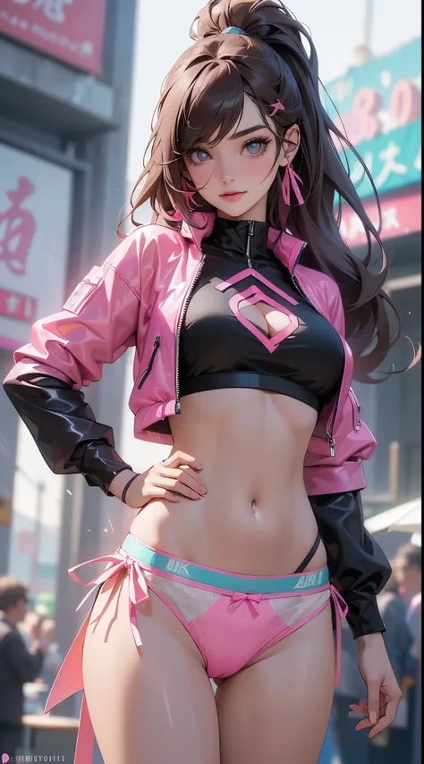 Idol girl, Super beautiful Asian girl with very beautiful violet bright eyes, beautiful multicolored shiny brown hair, Cola de caballo alta, Cuerpo agradable y sexy, cuerpo delgado, cuerpo perfecto, Un anime impreso super apretado fuera de los hombros mang...