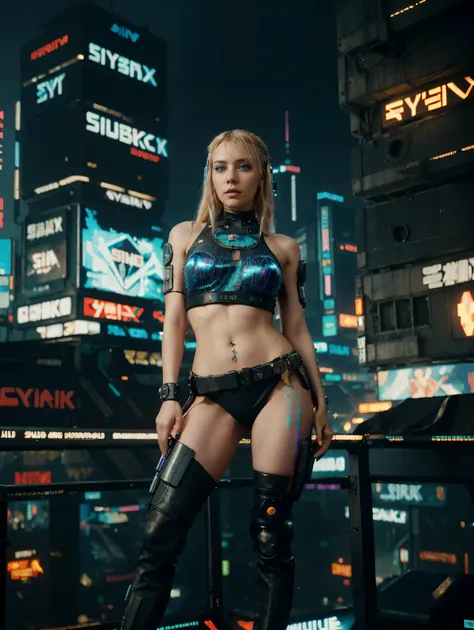 a portrait of a woman, ((blue eyes)), ((slavic features)), Wacky ((blonde hair)), wearing top and short, shredded clothes, in front of a sci fi cityscape, science fiction , long breasts, futuristic city, ((cyberpunk:1.5)),, realistic detailed, bad ass, pun...