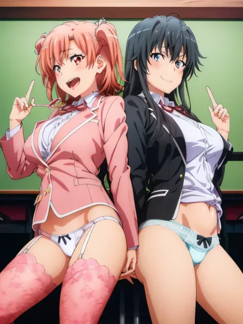 (2 girls) ,(Yukinoshita Yukino white lace panties).(Yuigahama Yui pink lace pants), classroom, uniform,,(black blazer),shirt,(Yuigahama Yui has big breasts),((Yuigahama Yui opens her mouth)),((shiny panties))),thighs,calf,smile,from the front,