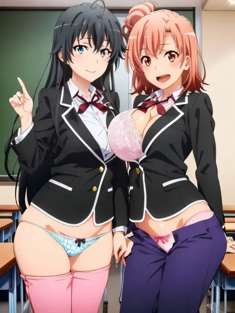 (2 girls) ,(Yukinoshita Yukino white lace panties).(Yuigahama Yui pink lace pants), classroom, uniform,,(black blazer),shirt,(Yuigahama Yui has big breasts),((Yuigahama Yui opens her mouth)),((shiny panties))),thighs,calf,smile,from the front,