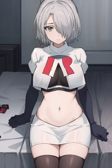 (masterpiece, best quality:1.2),illustration,8k,hd,1girl,solo,hair over one eye,short hair,ahoge,grey eyes,grey hair,alternate hair length,alternate hairstyle,large breasts,team rocket,team rocket uniform,white skirt,red letter R,crop top,black thigh-highs...