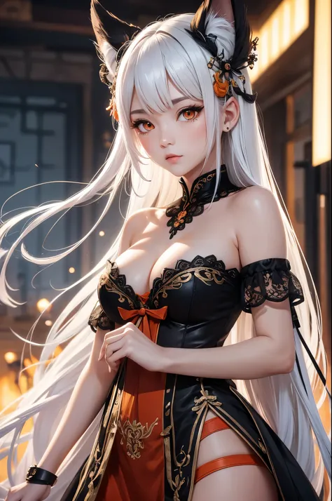 Er Ping Mian&#39;s style,(incredibly Ridiculous, (high resolution:1.18), intricate details, (masterpiece:1.1), (best quality:1.1), Ridiculous),(1 girl, portrait, white hair, orange eyes, long hair, delicate eyes),