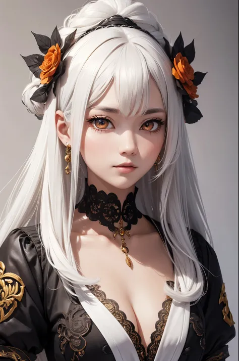 Er Ping Mian&#39;s style,(incredibly Ridiculous, (high resolution:1.18), intricate details, (masterpiece:1.1), (best quality:1.1), Ridiculous),(1 girl, portrait, white hair, orange eyes, long hair, delicate eyes),