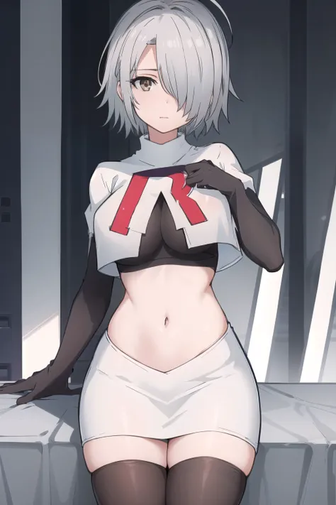 (masterpiece, best quality:1.2),illustration,8k,hd,1girl,solo,hair over one eye,short hair,ahoge,grey eyes,grey hair,alternate hair length,alternate hairstyle,large breasts,team rocket,team rocket uniform,white skirt,red letter R,crop top,black thigh-highs...