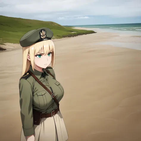 a woman in military clothes, blonde hair, green eyes, normandy beach during the second world war, war scene, serious face.