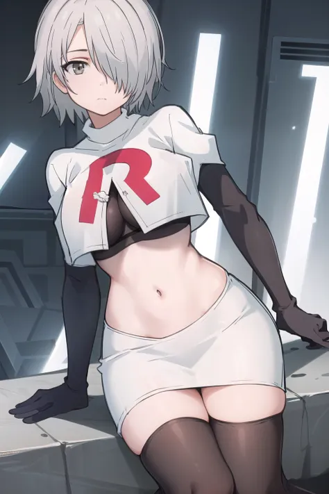 (masterpiece, best quality:1.2),illustration,8k,hd,1girl,solo,hair over one eye,short hair,ahoge,grey eyes,grey hair,alternate hair length,alternate hairstyle,large breasts,team rocket,team rocket uniform,white skirt,red letter R,crop top,black thigh-highs...