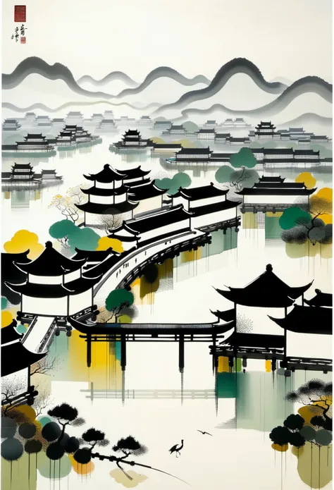 Geometric abstract ink,Describe the Jiangnan landscape architectural complex,Wu Guanzhongs style is an artistic expression that merges traditional Chinese ink techniques with Western painting concepts. It is characterized by modern interpretations of tradi...