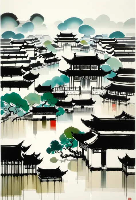 geometric abstract ink，describe the jiangnan landscape architectural complex，wu guanzhong's style is an artistic expression that...