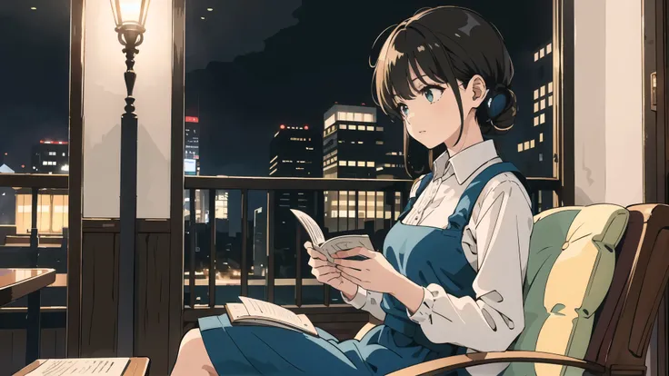 (highest quality, masterpiece),カフェで音楽を聴きながらreadingをするgirl、earphone、girl、reading、night cafe、nostalgic atmosphere