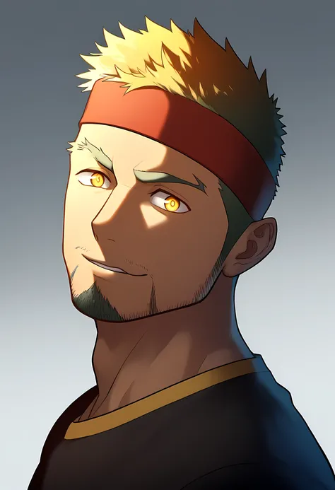 anime characters：Guy, Priapus, 1 muscular man god, Sport red headband, black sweatshirt, muscular male, muscular, only, Upper body, alone, short yellow hair, thick eyebrows, stubble, yellow eyes, White background, simple background, amazing quality, best a...