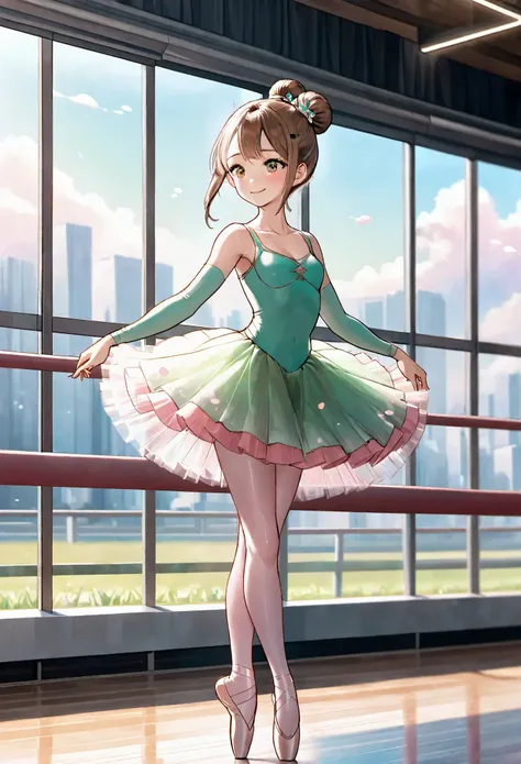 (best quality,4k,highres),ultra-detailed,realistic,portraits, A cute 15 years old japaneese girl doing ballet, dancing in a high tech ballet studio, large windows with beautiful fields outside, drawn in anime style, full body view, futuristic, Frutiger Aer...