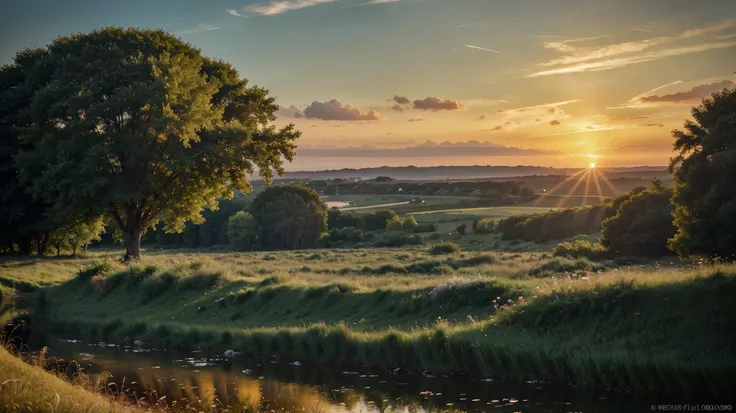 A stunning, high-resolution photograph captured with a Phase One XF 100MP camera and a 300mm lens. The image showcases a dazzling sunset the horizon, casting a warm golden light over a green vast field with high and green trees. The depth of the landscape ...