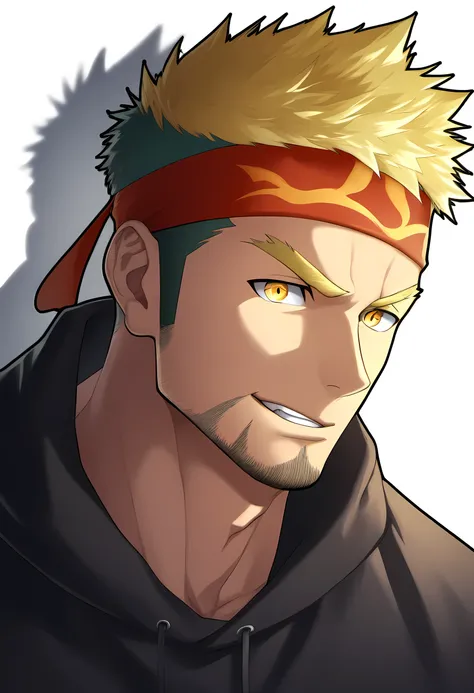 anime characters：Guy, Priapus, 1 muscular man god, Sport red headband, black sweatshirt, muscular male, muscular, only, Upper body, alone, short yellow hair, thick eyebrows, stubble, yellow eyes, White background, simple background, amazing quality, best a...