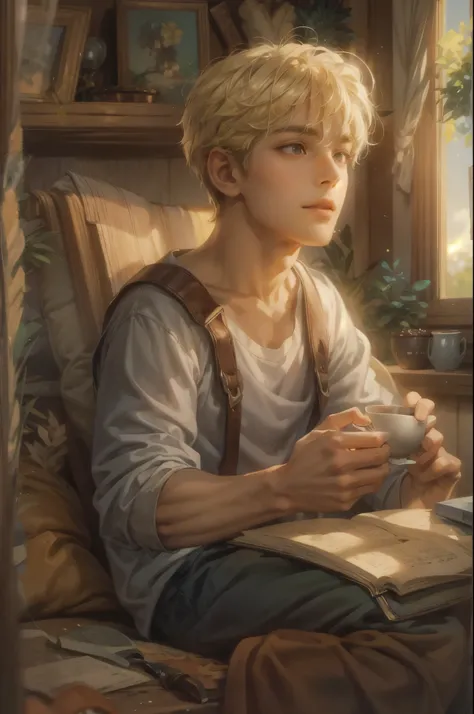 ((Best quality)), ((masterpiece)), (detailed), ((perfect face)), ((halfbody)) handsome blonde young boy artist, engaging in various activities within his cozy home nestled in a serene forest. Capture moments of his daily life, such as painting, reading, pl...