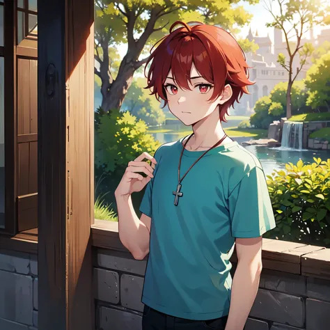 The scenic view in the park was a beautiful canvas, a captivating panel in the style of Boku No Hero. A handsome boy with long, wavy rosary-red hair, dreamy crimson red eyes, and wore a blue tee-shirt, graced the scene. The serene setting was the section 4...