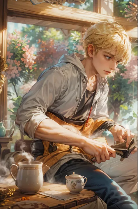 ((Best quality)), ((masterpiece)), (detailed), ((perfect face)), ((halfbody)) handsome blonde young boy artist, engaging in various activities within his cozy home nestled in a serene forest. Capture moments of his daily life, such as painting, reading, pl...