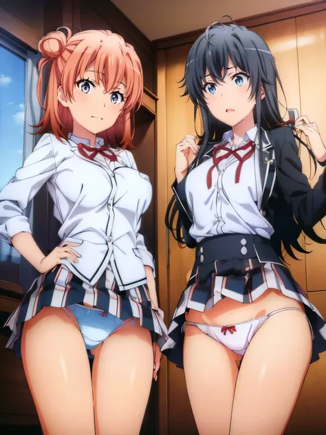 (2 girls) ,(Yukinoshita Yukino white lace panties).(由比ヶ浜結衣 ピンクレースpanties), classroom, ,Shirt only,panties(Yuigahama Yui has big breasts),(Yuigahama Yui opens her mouth),(no skirt),((光沢のあるpanties)),thighs,calf,whole body,*(smile),from the front,