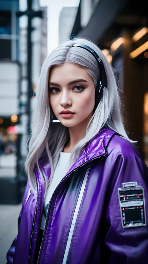 1 girl, gray hair, long hair, A masterpiece of techwear, highest quality, realistic, realism, dark purple jacket, portrait, fine eyes, wearing a headset, platinum hair, 21 year old girl, fashion pose, Half body, wide shoot, on the road, cyber punk