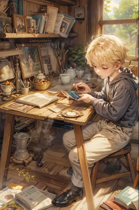 ((Best quality)), ((masterpiece)), (detailed), ((perfect face)), ((halfbody)) handsome blonde young boy artist, engaging in various activities within his cozy home nestled in a serene forest. Capture moments of his daily life, such as painting, reading, pl...