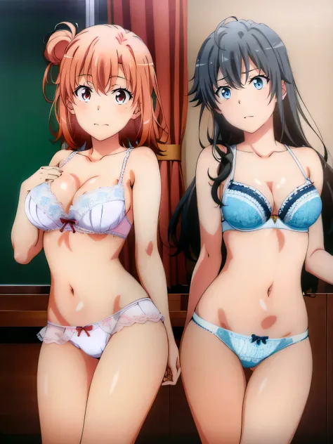(2 girls) ,In underwear,(Yukinoshita Yukino white lace panties).(由比ヶ浜結衣 ピンクレースpanties), classroom, ,waltz dance,stupid,panties(Yuigahama Yui has big breasts),(Yuigahama Yui opens her mouth),(no skirt),((光沢のあるpanties)),thighs,calf,whole body,*(smile),