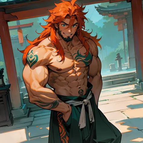 1male, adult, dark skin, finely detailed aqua eyes, medium wild messy hair, ombré orange hair color, fancy open haori, standing in shrine, somber expression, muscular, muscular build, excited expression, wide wild smile, tattoos, beard